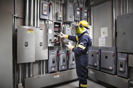 Electrician doing electrical maintenance with arc-flash ppe on.