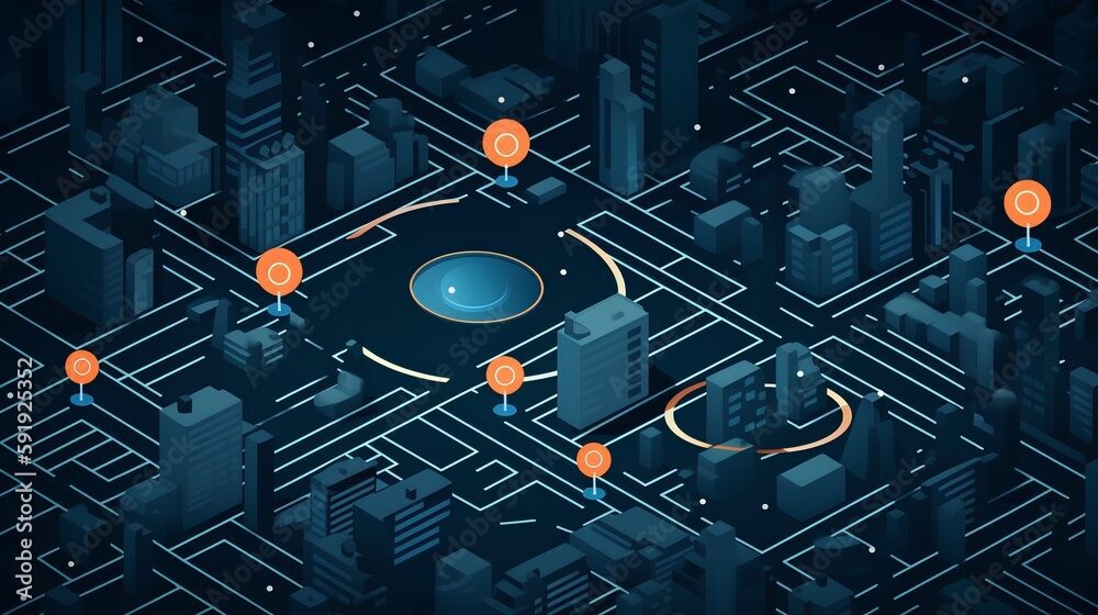 map of navy blue city with orange dots dispersed throughout the different blocks to showcase geotargeting