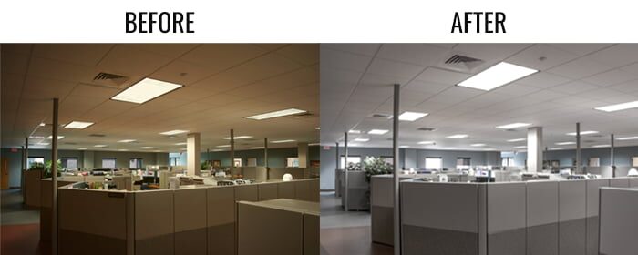 picture of office building showing lighting differences with left side saying before and having warm lighting and the right side saying after with cool lighting