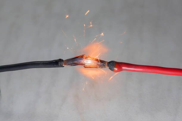 a red and blue wire touching each other, creating a fire spark