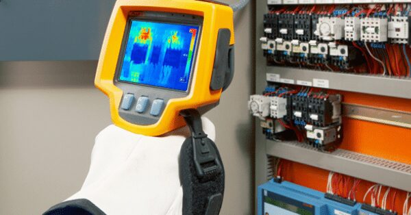 hand with white glove holding circuit tester in hand testing some wires